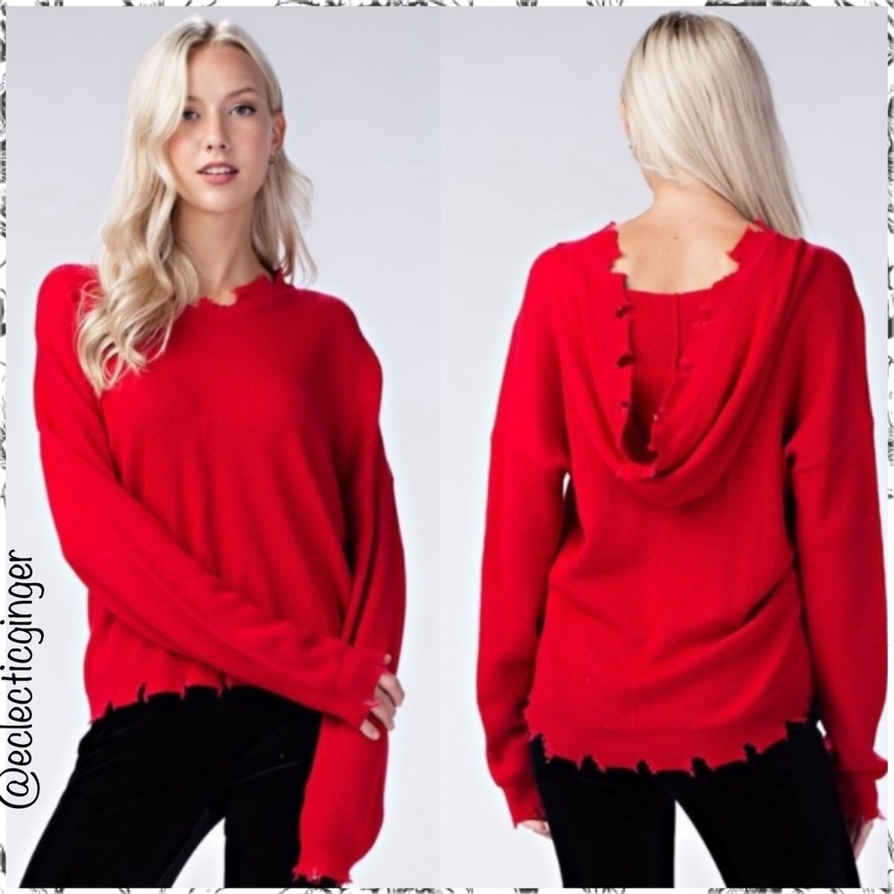 Red distressed & frayed edge hooded long sleeve sweater Medium M Large L hoodie - Picture 1 of 7